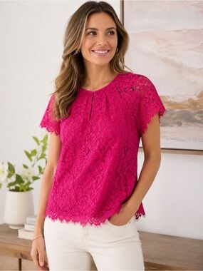 J.Crew Bright Pink Floral Lace Top Keyhole Neck Short Sleeve Blouse XSP